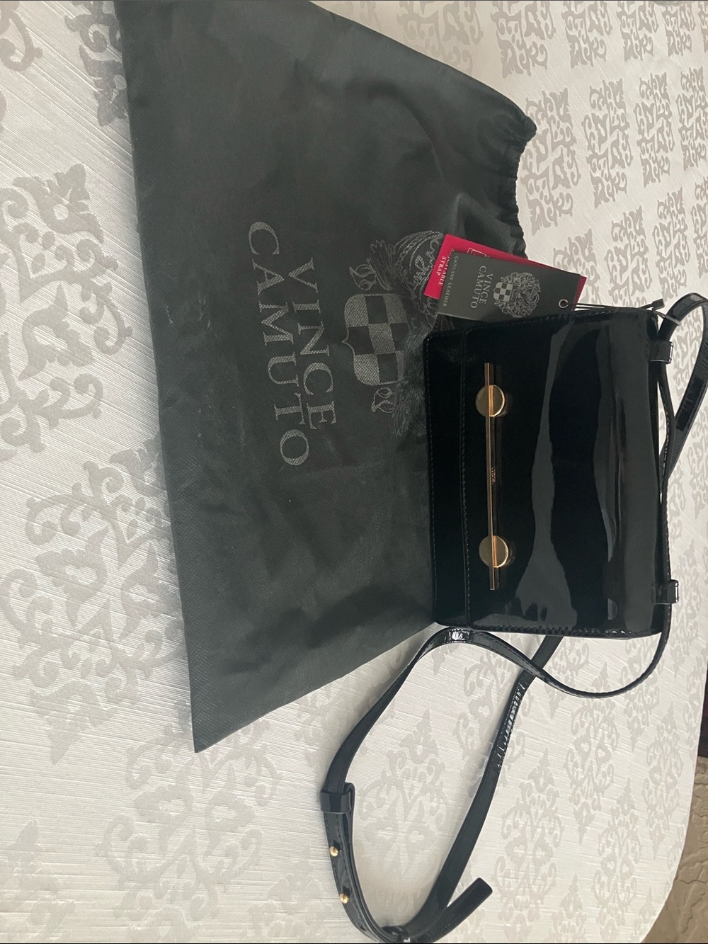 Vince Camuto Black Patent Crossbody and shoulder bag with Gold Accent